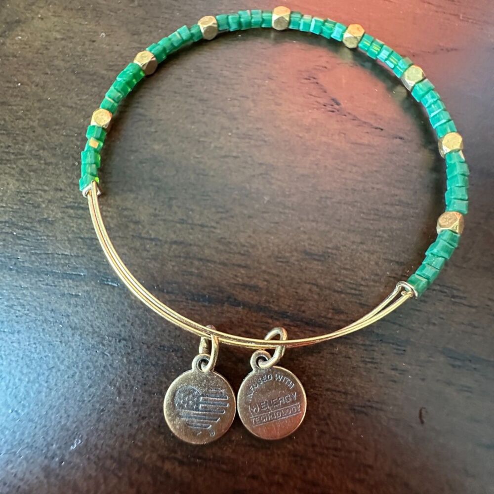 Rare Alex and Ani Odyssey Gold and Square Green  Beaded Bracelet